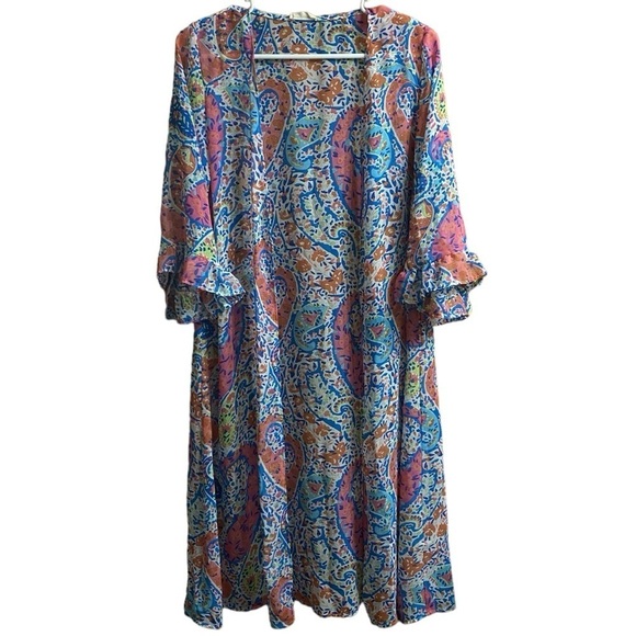 Adrienne Pink Blue Paisley Print Open Front Kimono Swim Cover Size Small - Picture 1 of 5